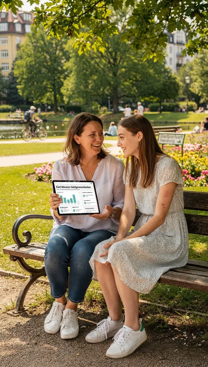 Mann beim Kaffee, der auf einem Tablet schnell seine offenen Rechnungen und Tagesausgaben kontrolliert